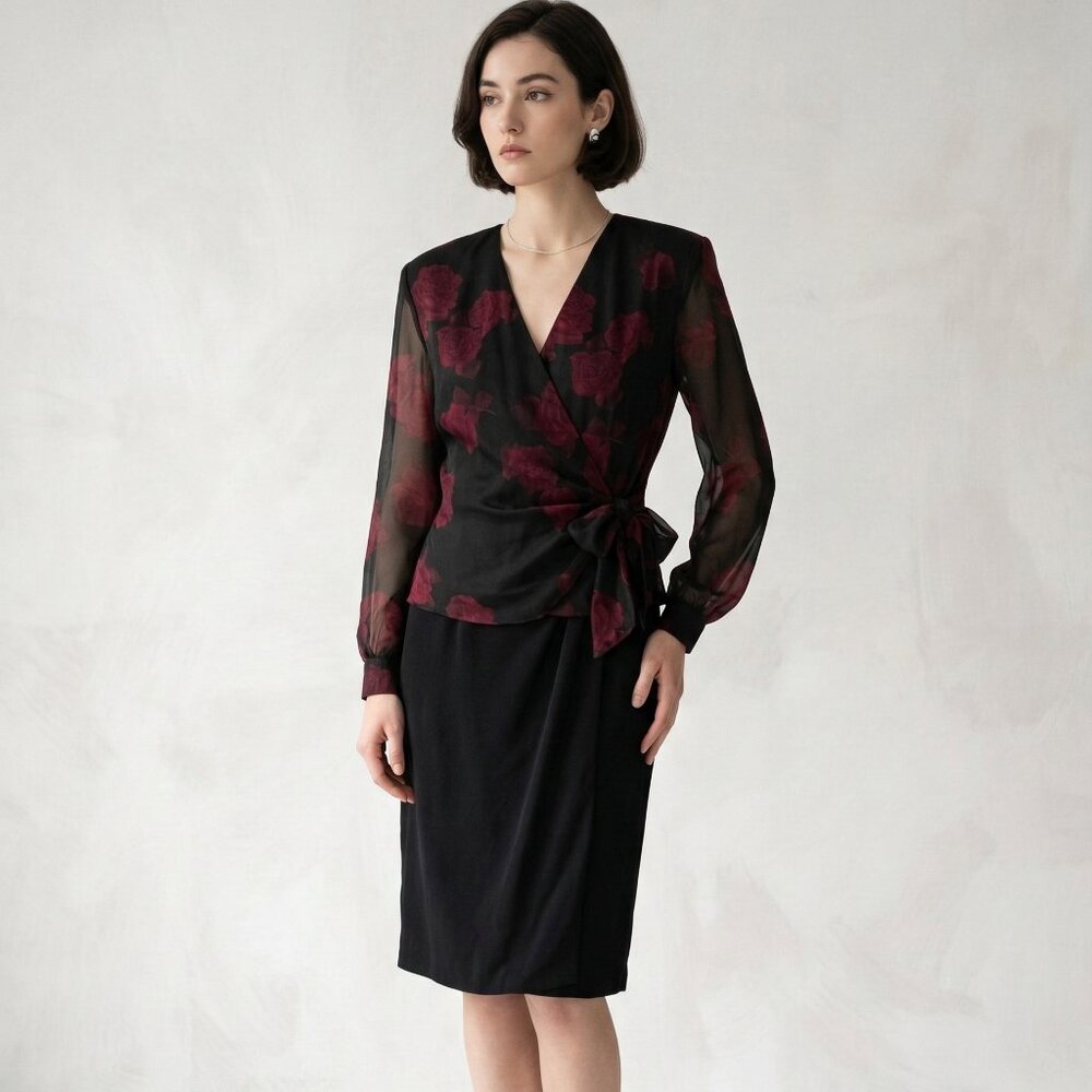 John Roberts Dress Black Burgundy Floral Dark Academia Boho Goth M/L FLAW